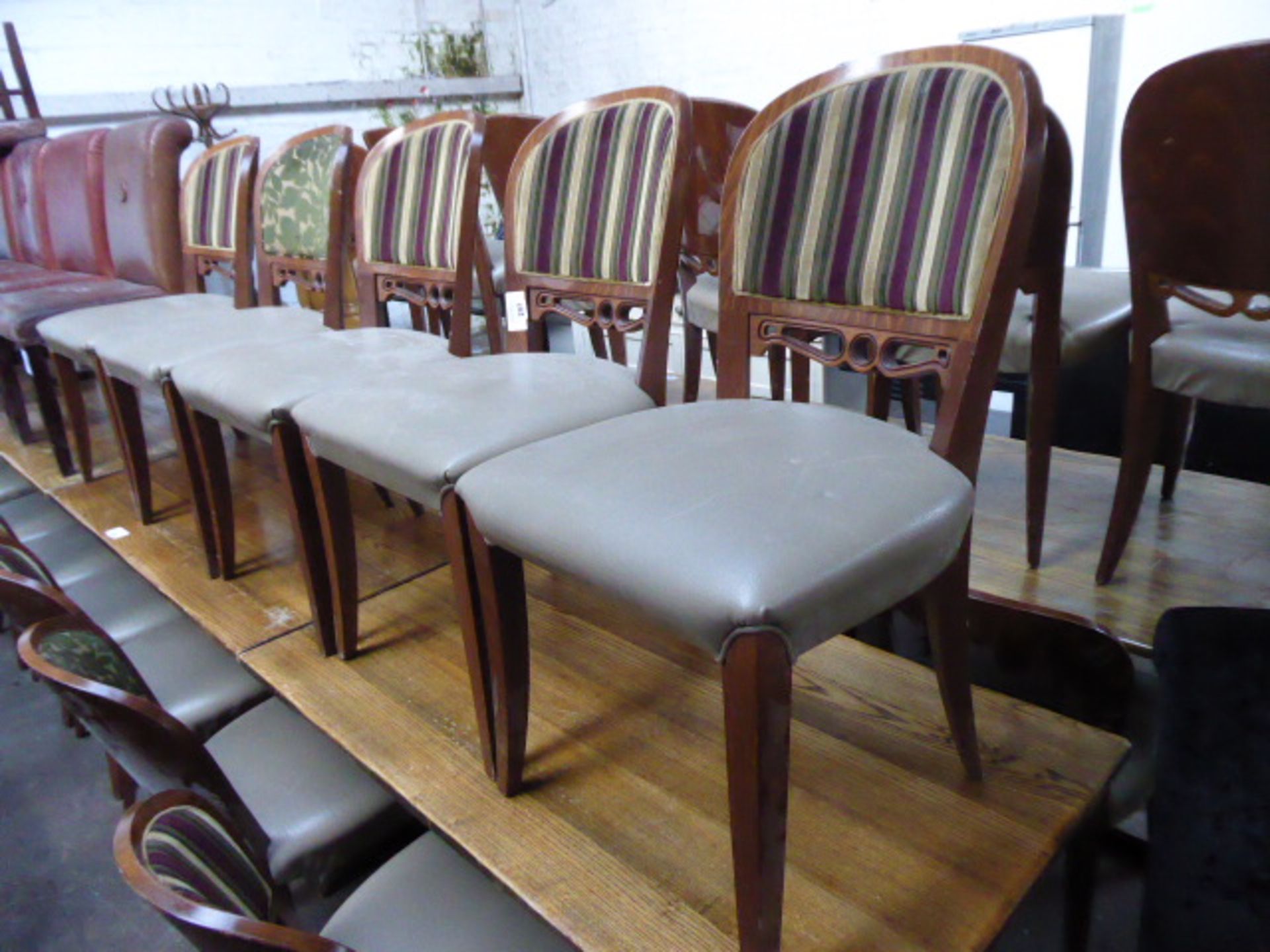 Approx. 22 oak frame and part leather/part cloth upholstered dining chairs