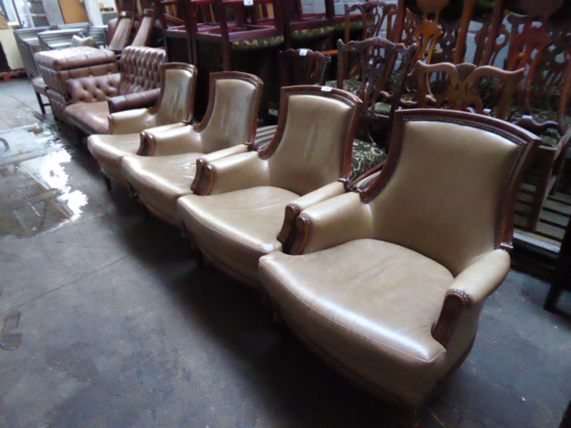 4 wooden frame and beige leather upholstered armchairs