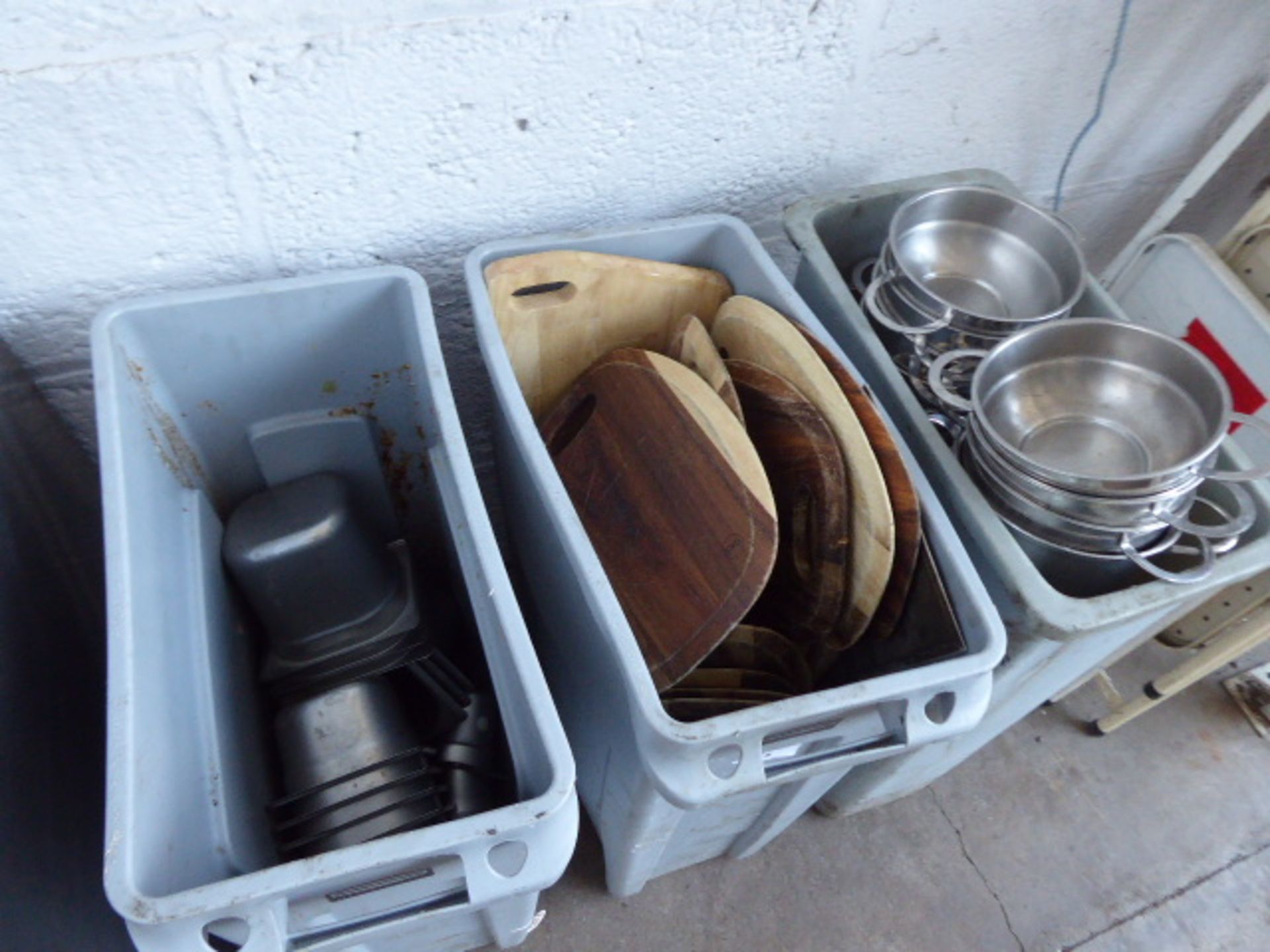 3 Rubbermaid tubs containing wooden serving platters, balti type dishes and small stainless steel - Image 2 of 2