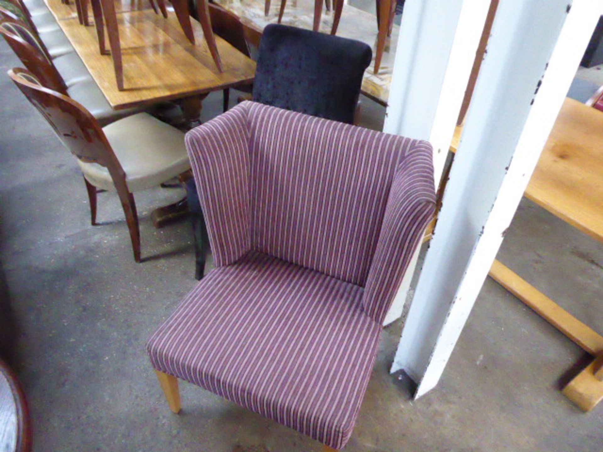 2 brown leather chairs with 1 stripy and 1 black cloth chair - Image 2 of 2