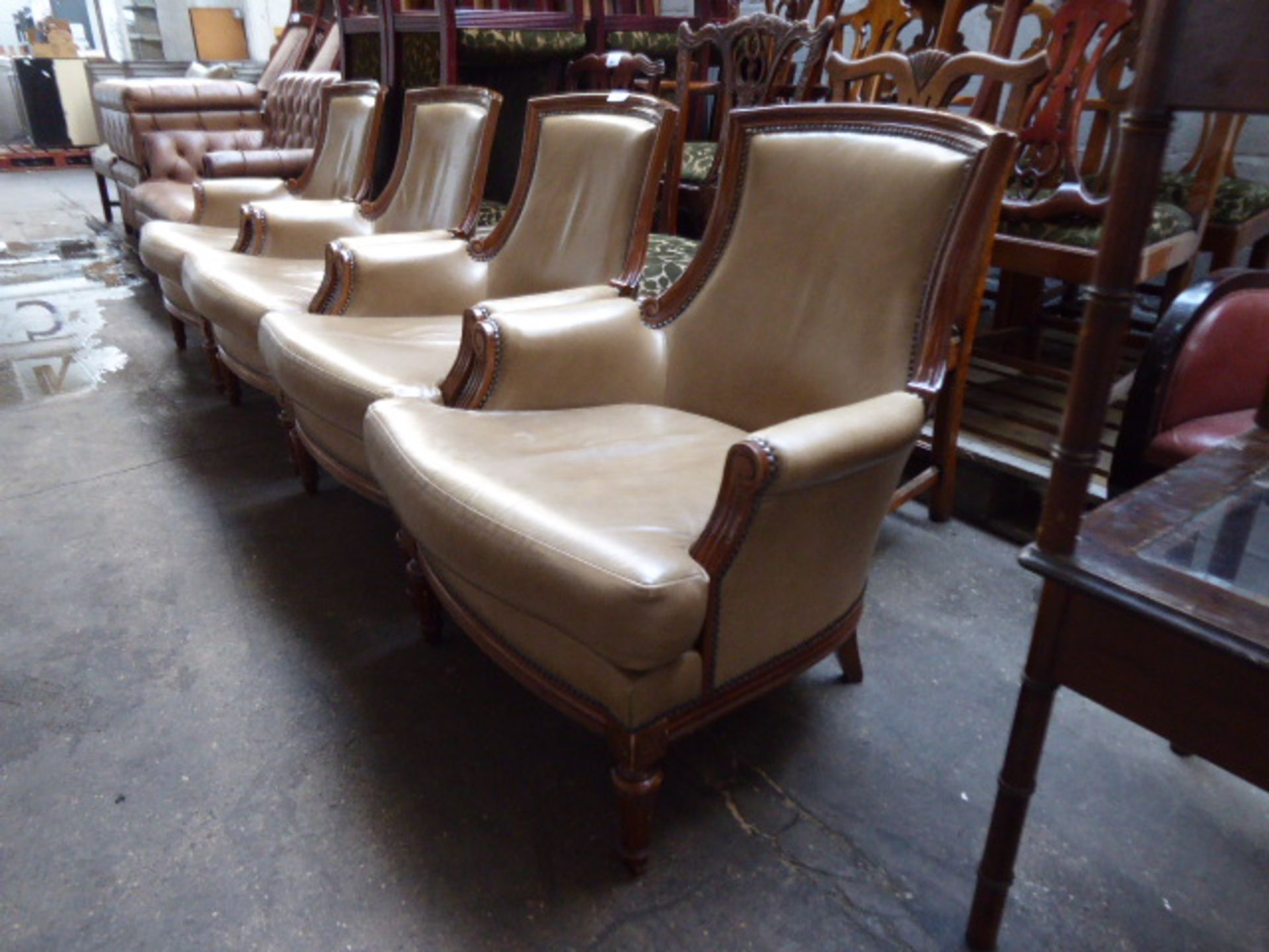 4 wooden frame and beige leather upholstered armchairs - Image 2 of 2