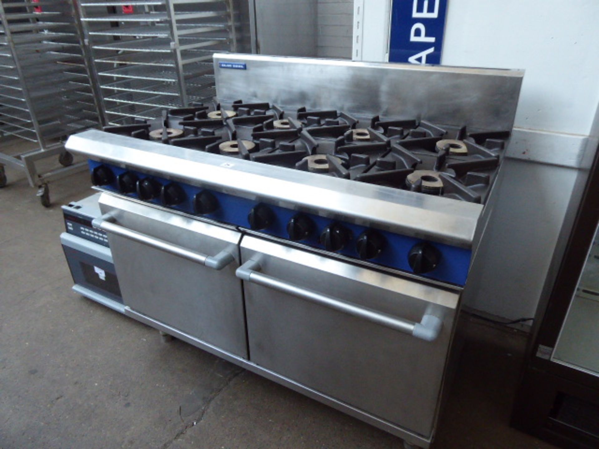 120cm gas Blue Seal 8 burner cooker with 2 single door ovens under
