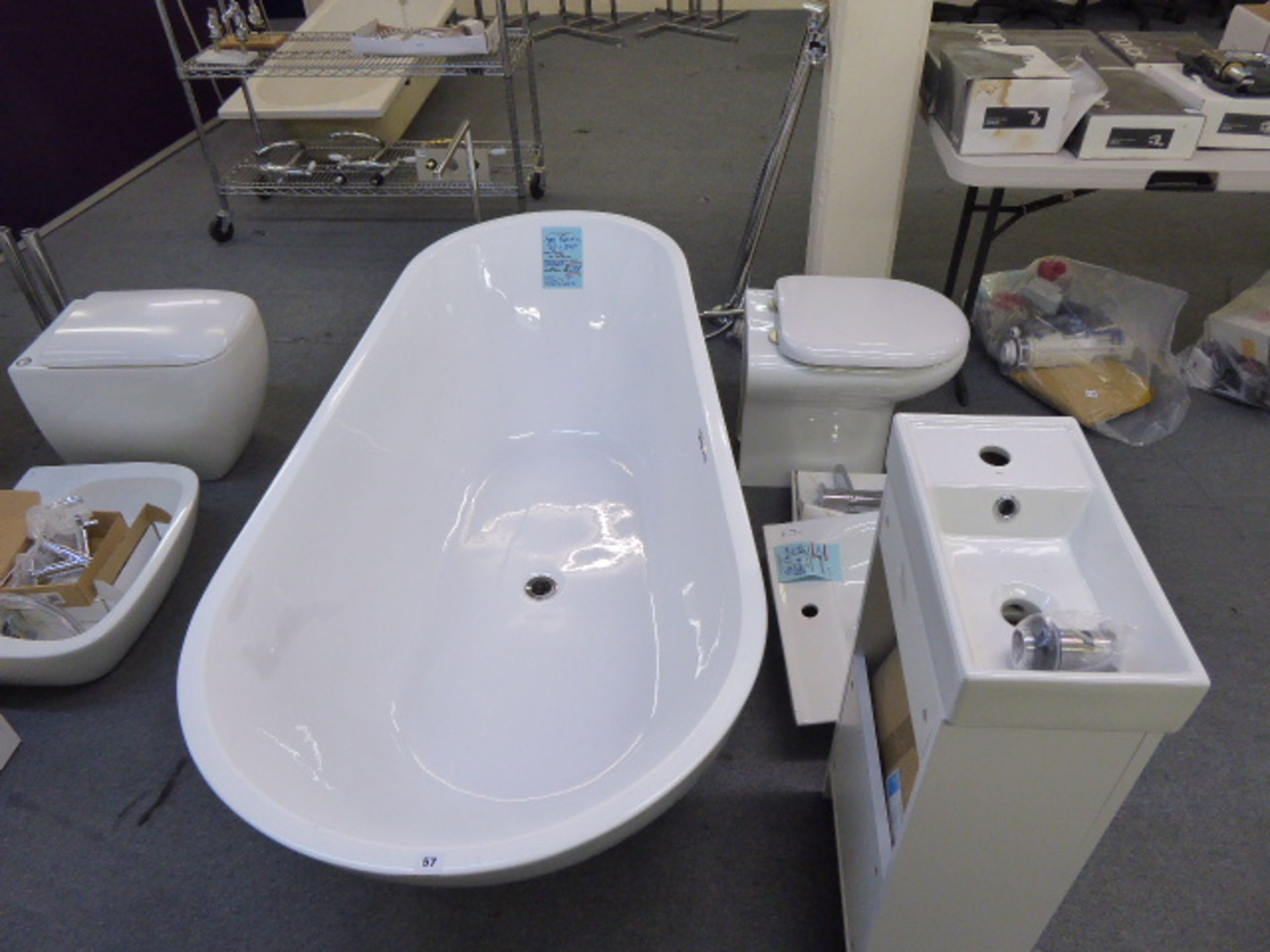A Pacific white acrylic double skinned freestanding bath with upstand and waterfall tap, wash basin, - Image 3 of 3