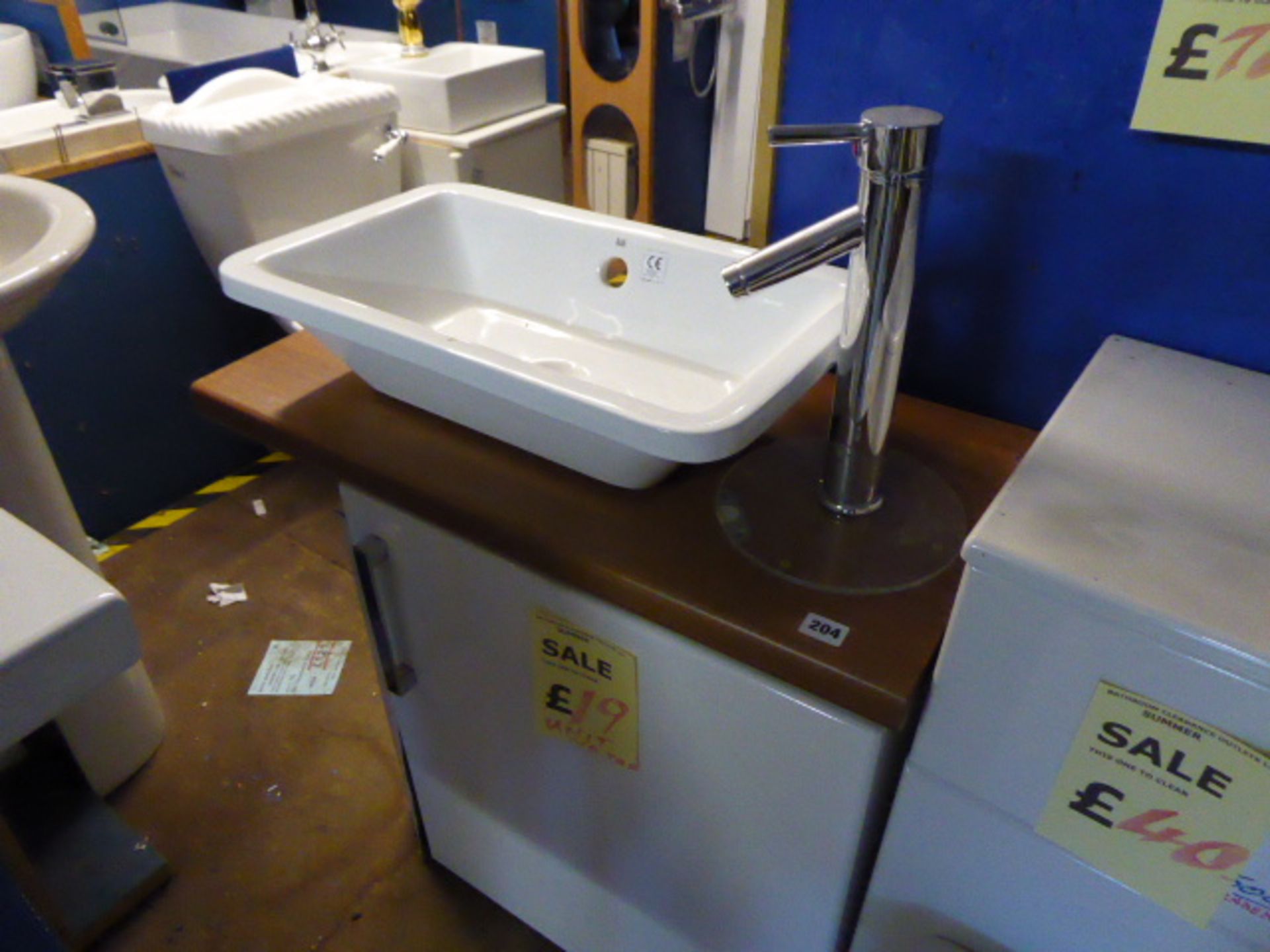 Small single door vanity base unit with RAK Rectangular ceramic basin and pillar mixer tap