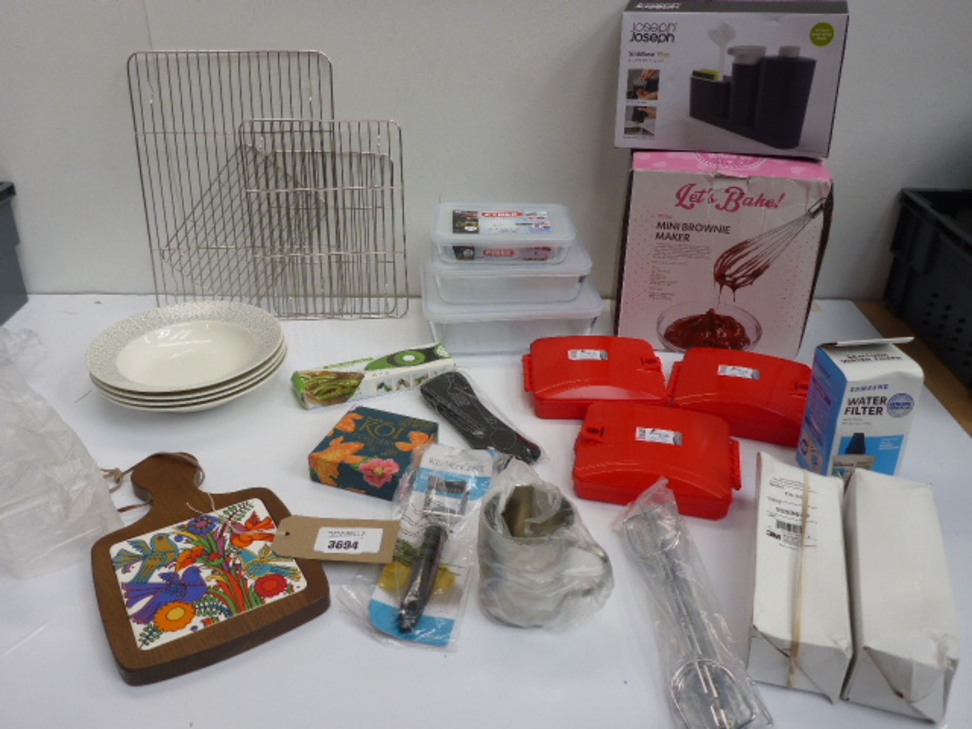 M&S Palerma dessert bowls, Pyrex cookware, mini brownie maker, Joseph sink base, Samsung water