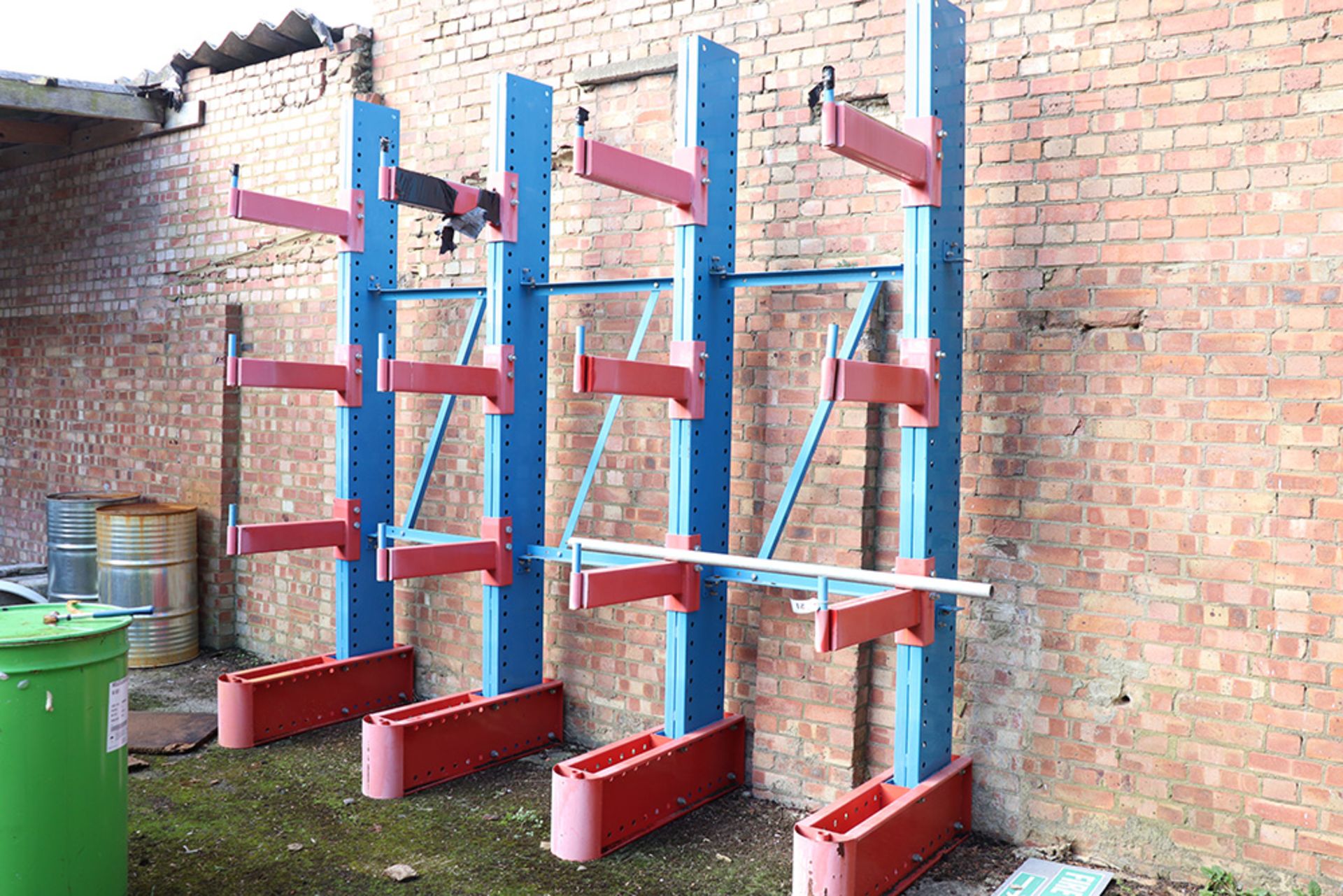 Heavy duty blue and orange steel cantilever stock rack (approx 3.5m long x 3.5 metres high x 1 metre