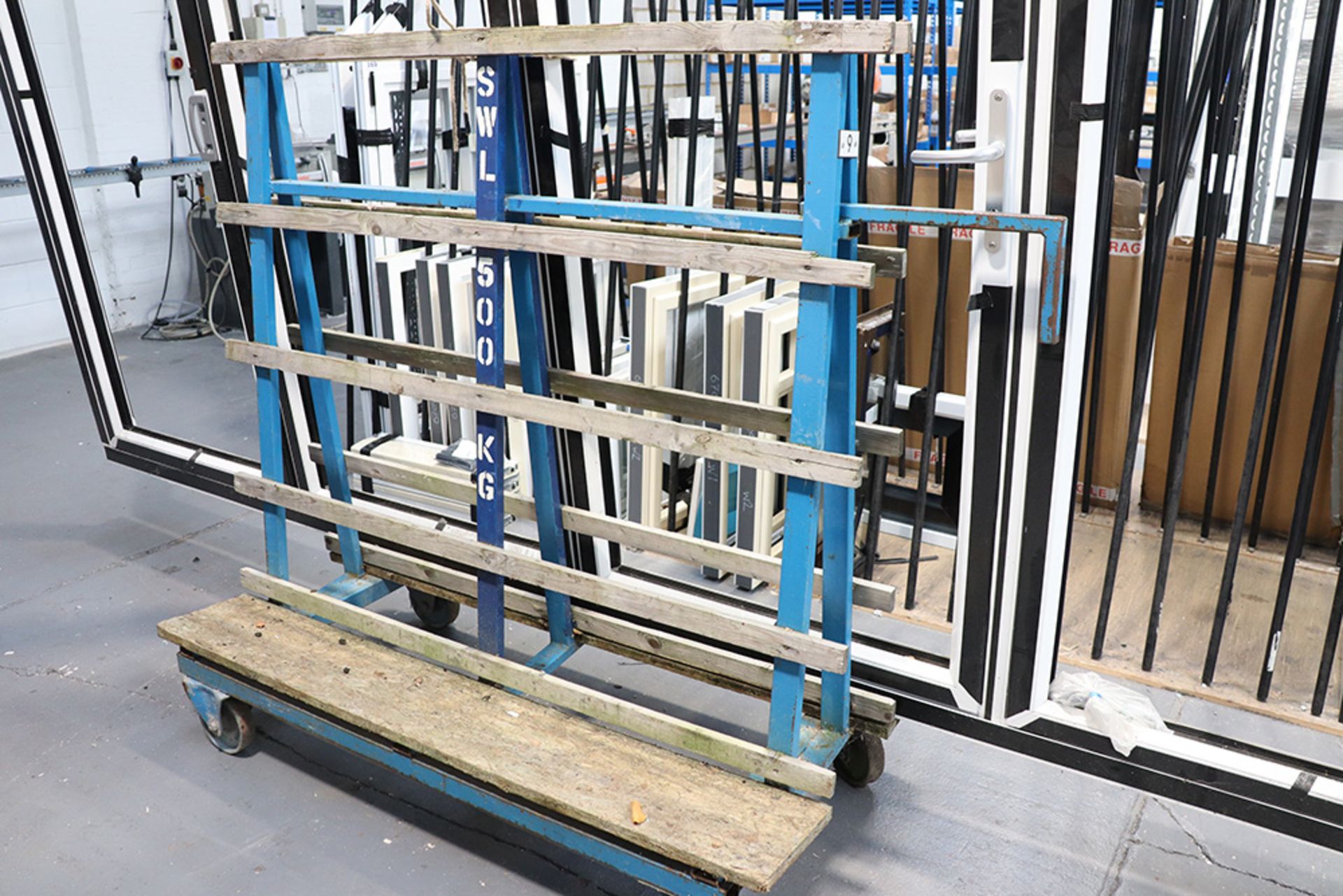 2 welded steel double sided glass racks together with single sided 2 wheel stock carrying trolley - Image 2 of 3