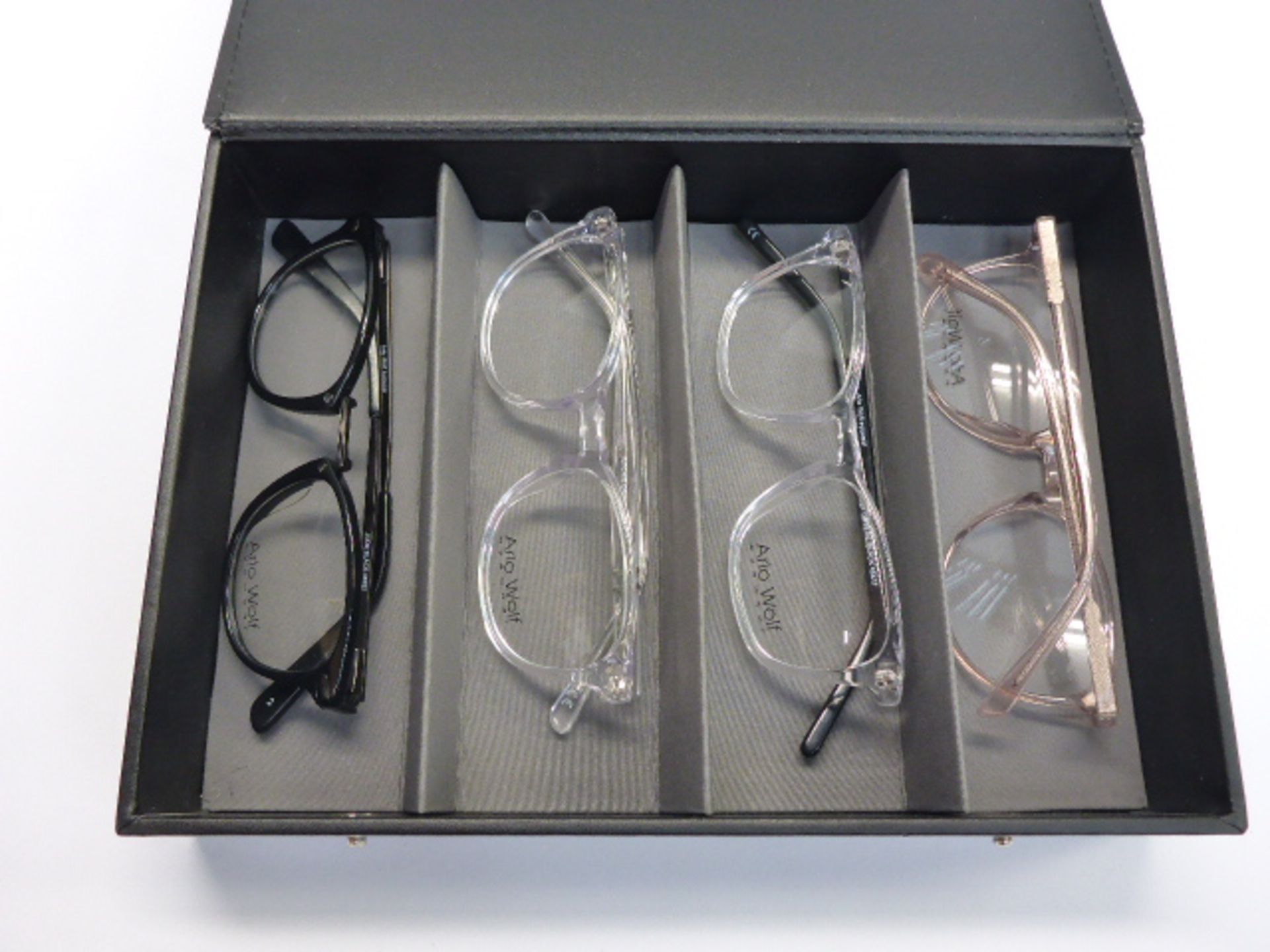 Arlo Wolf eye wear set of 4 reading glass frames in case.