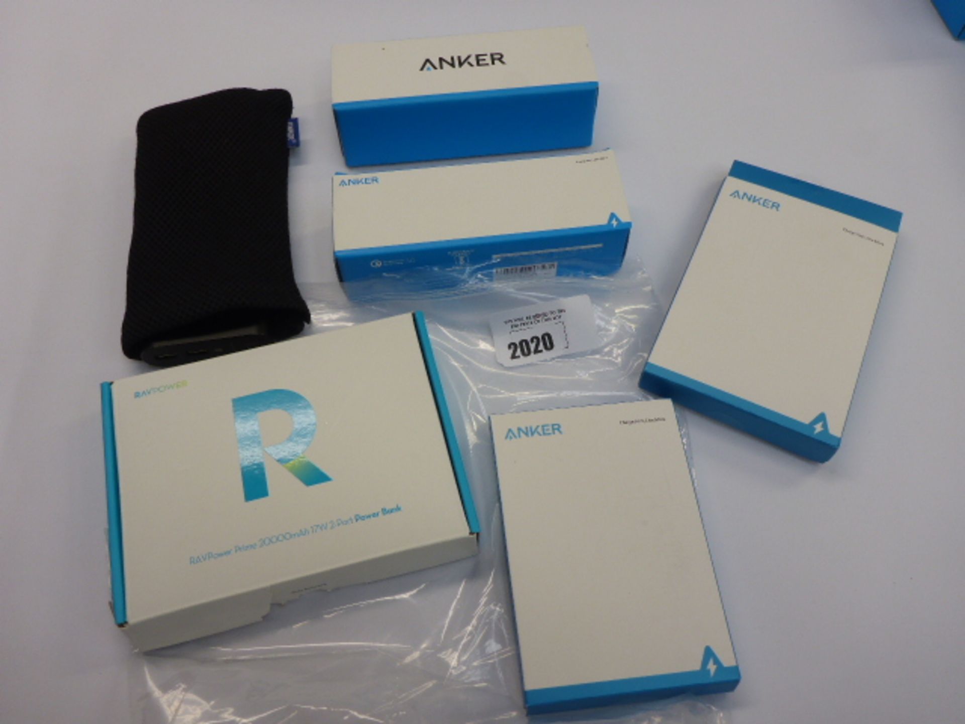 Bag of Anker Power bank portable battery packs, includes Powercore 201000 and a Speedcore 20000.