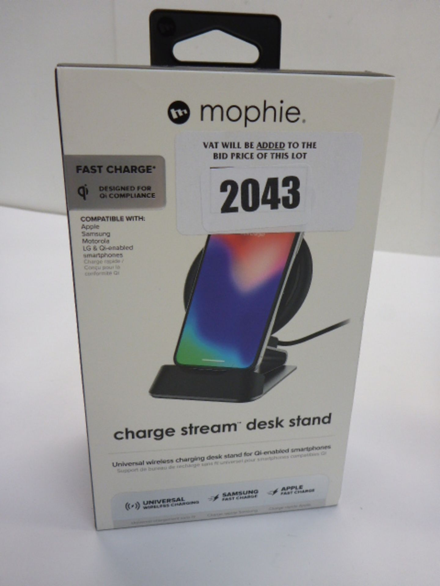 Mophie charge stream desk stand boxed.