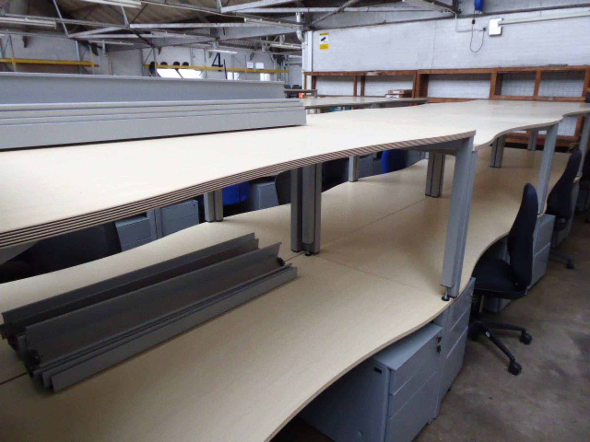 4 Bene maple and grey curve front desks on square legs 180cm, each with a grey metal mobile 3 drawer