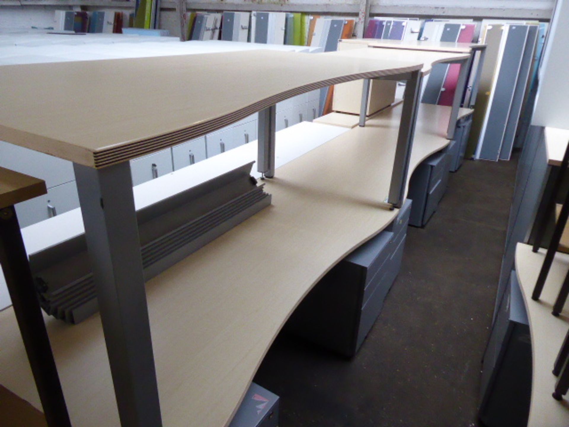 7 Bene maple and grey curve front desks on square legs 180cm, each with a grey metal mobile 3 drawer