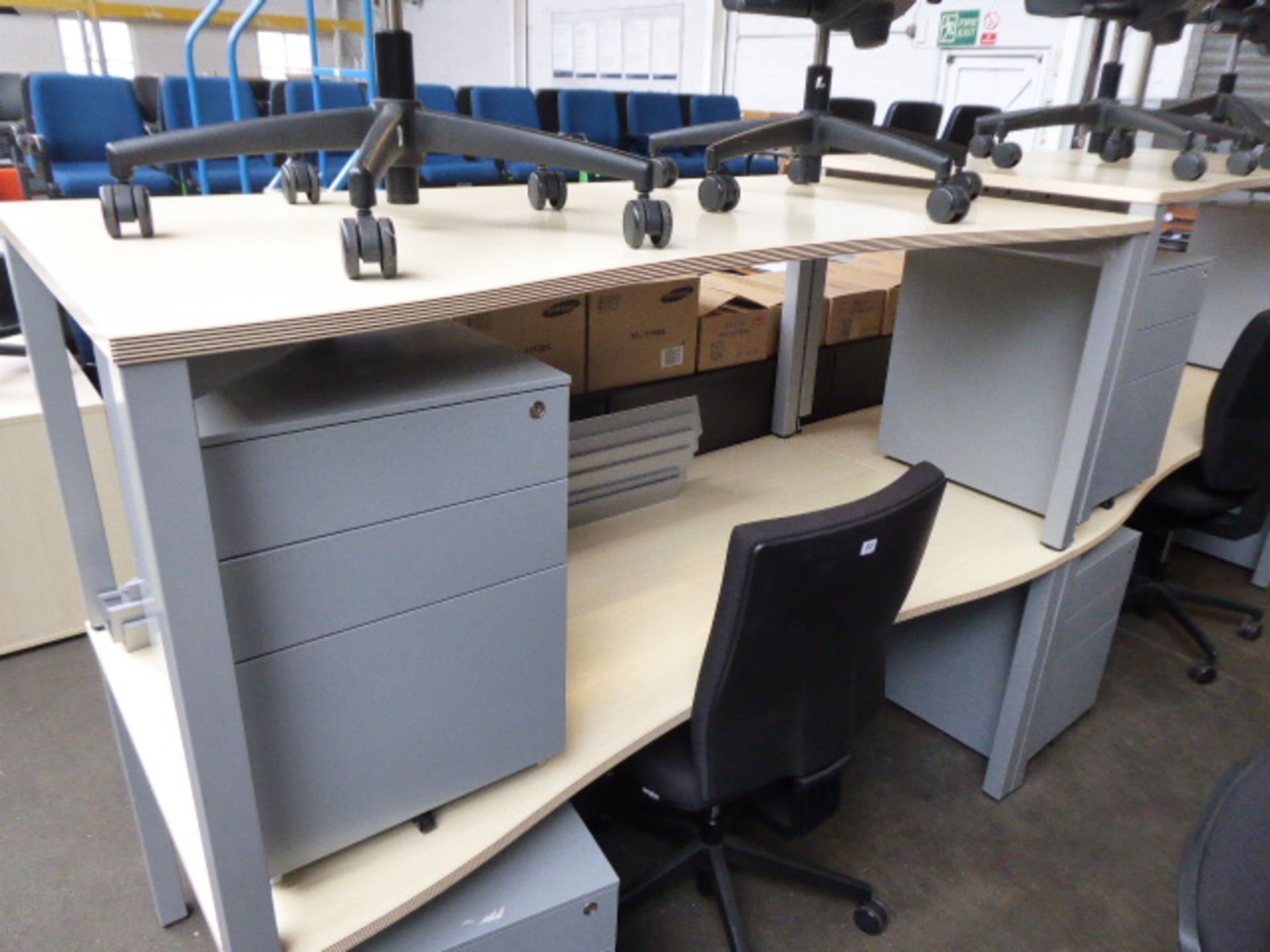 6 Bene maple and grey curve front desks on square legs 180cm, each with a grey metal mobile 3 drawer - Image 2 of 3