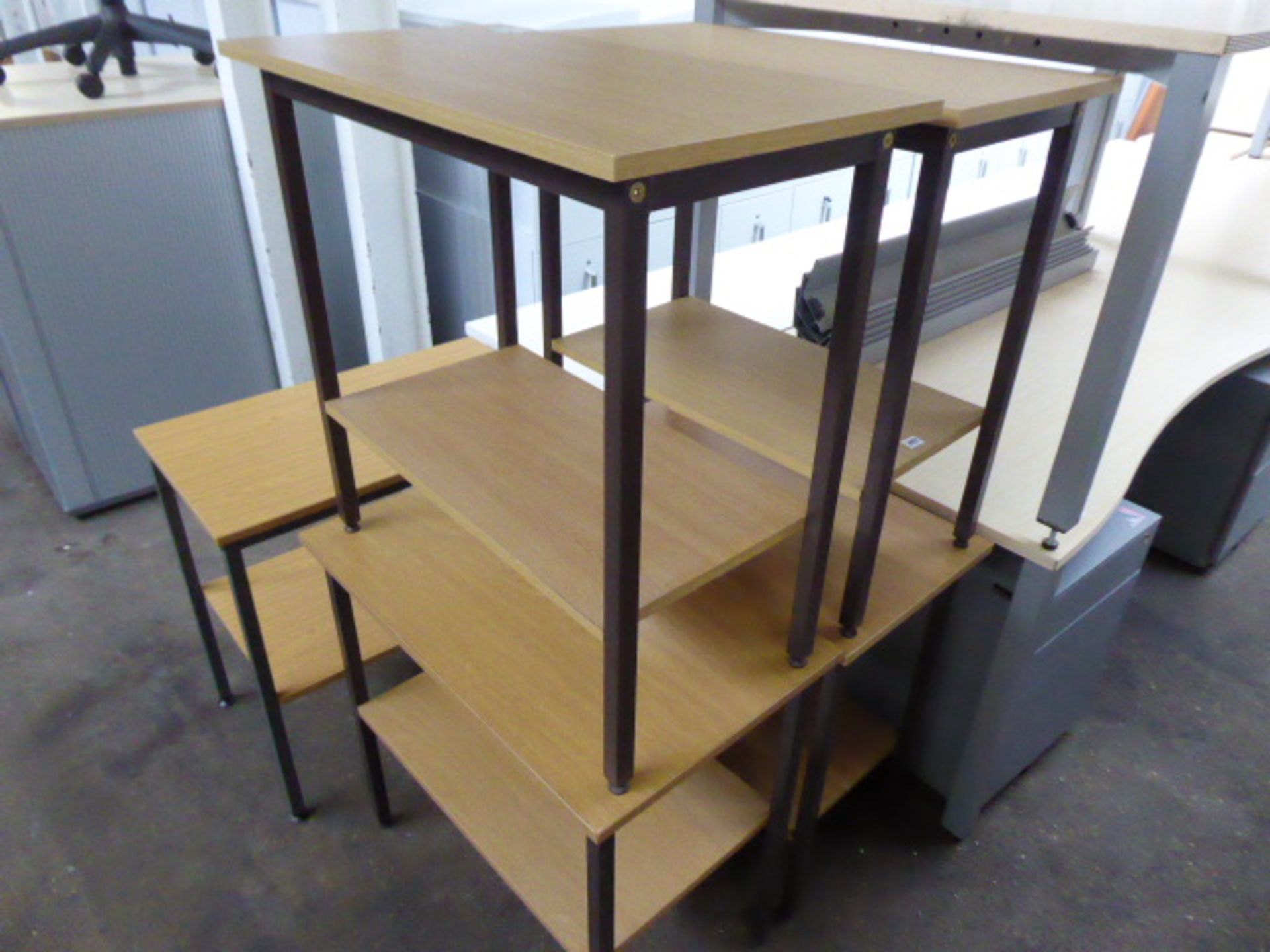 5 small oak and metal frame printer tables