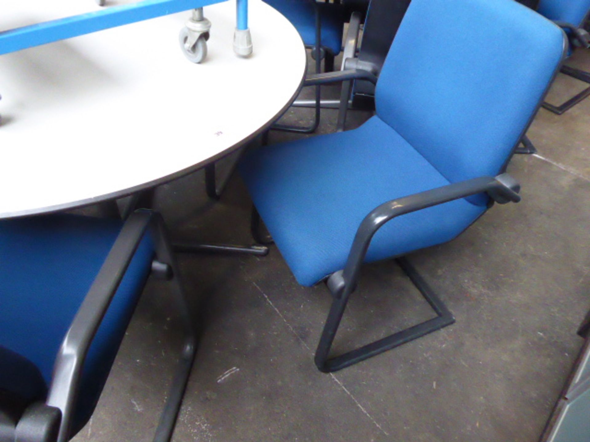 Ahrand grey round meeting table 120cm, with 4 Ahrand blue cloth canterlever chairs - Image 2 of 2