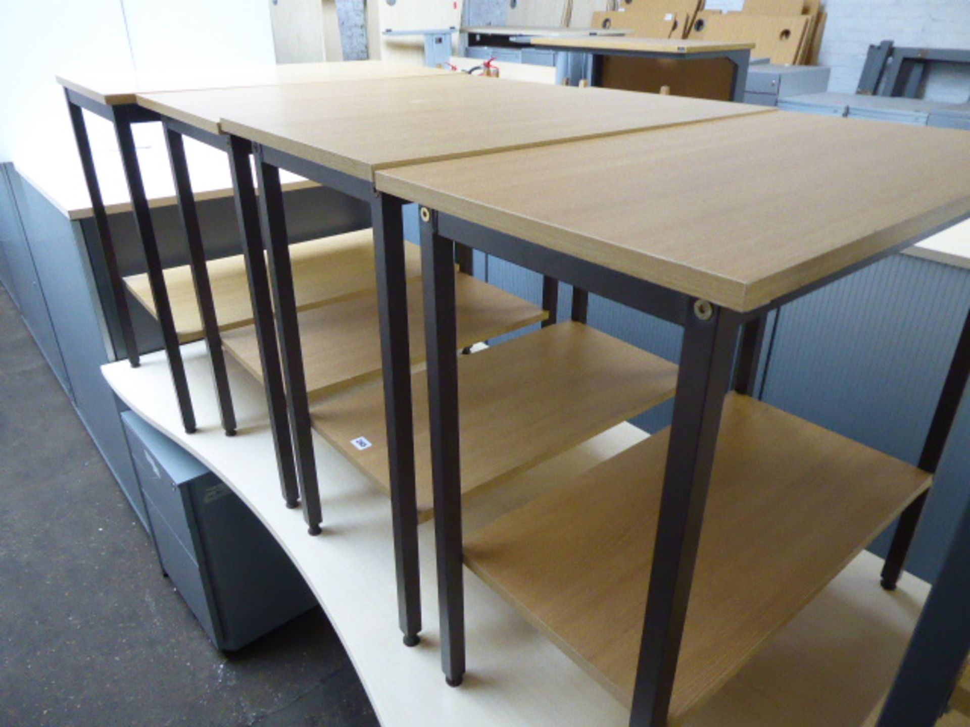 5 small oak and metal frame printer tables