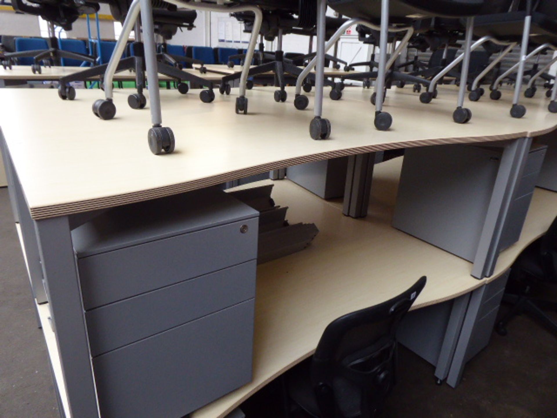 6 Bene maple and grey curve front desks on square legs 180cm, each with a grey metal mobile 3 drawer - Image 2 of 3