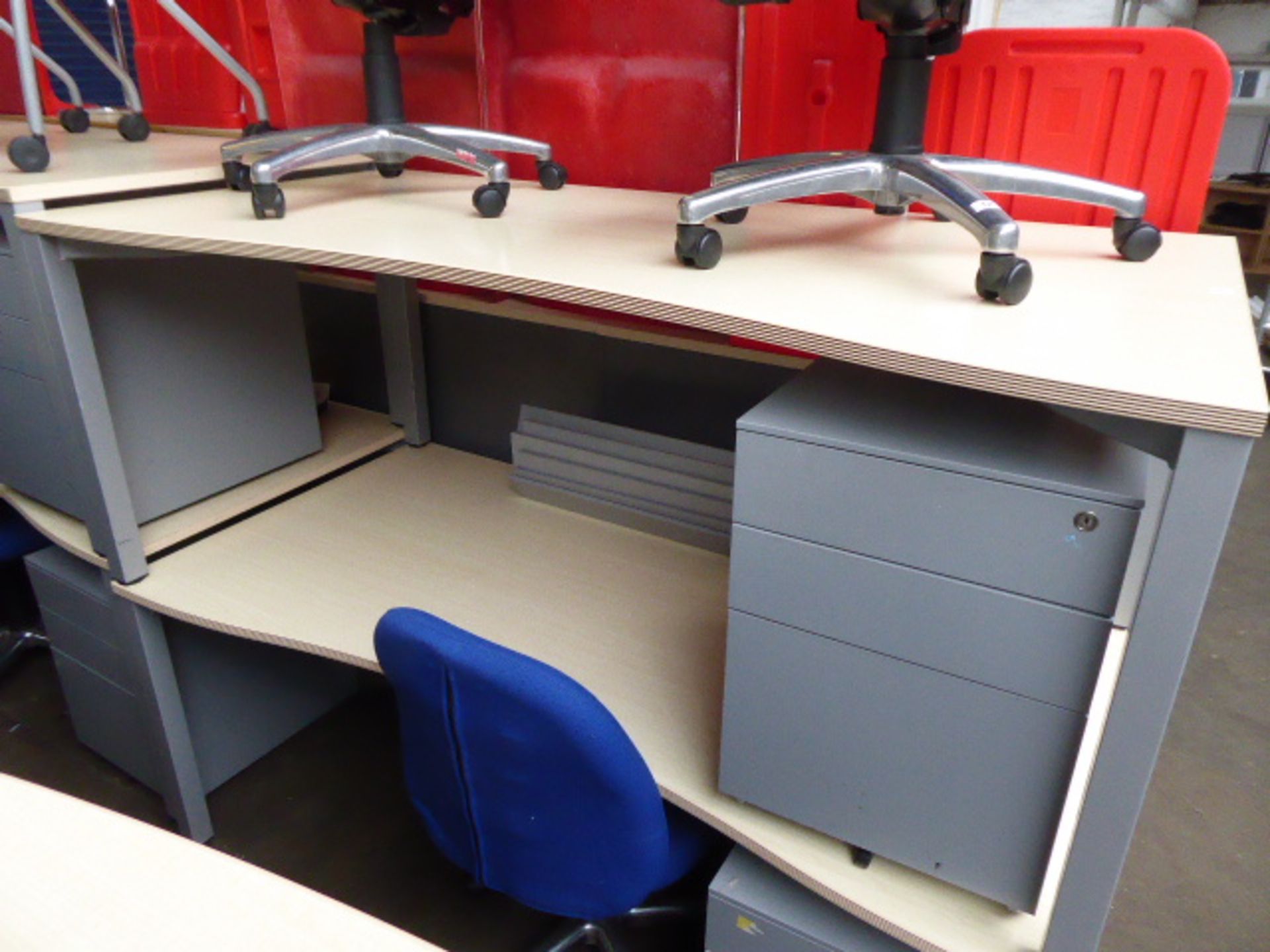 6 Bene maple and grey curve front desks on square legs 180cm, each with a grey metal mobile 3 drawer - Image 2 of 3