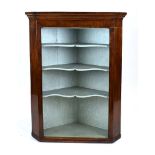 A 19th century mahogany, strung and inlaid corner cabinet enclosing four watered silk shelves, w.