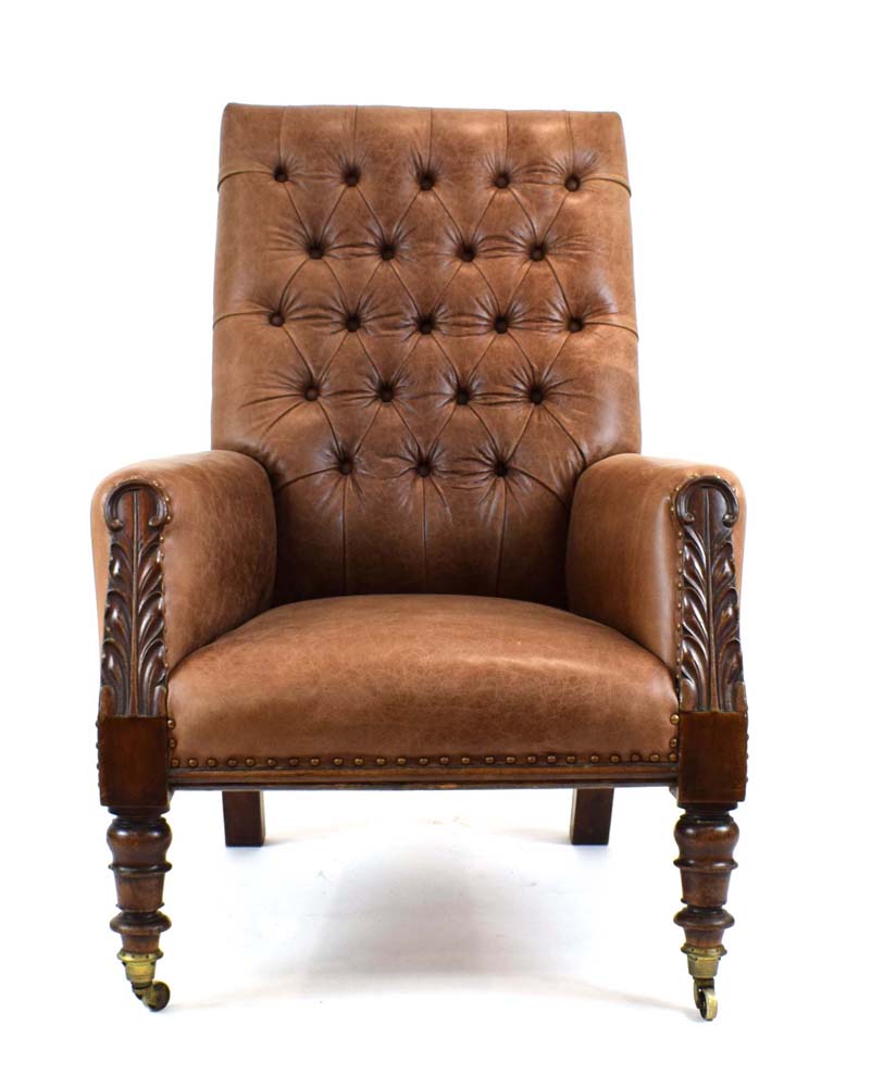 A 19th century walnut framed buttoned pale brown leather library chair with acanthus leaf - Image 2 of 20