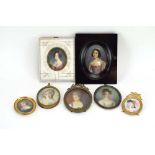 A group of seven 19th century and later miniatures including five oils,