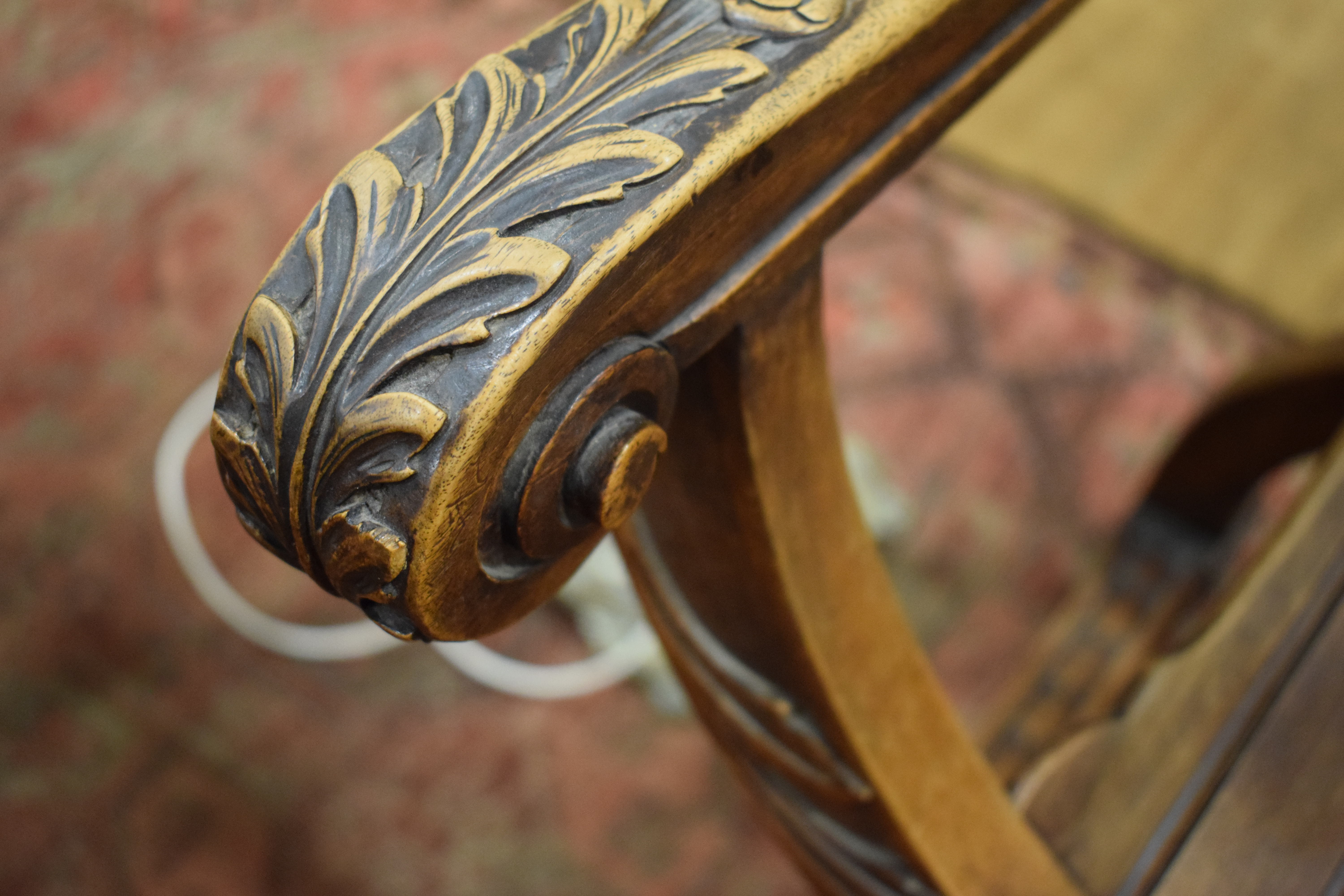 A continental walnut throne-type chair carved with stylised figures and foliate motifs, h. - Image 8 of 12