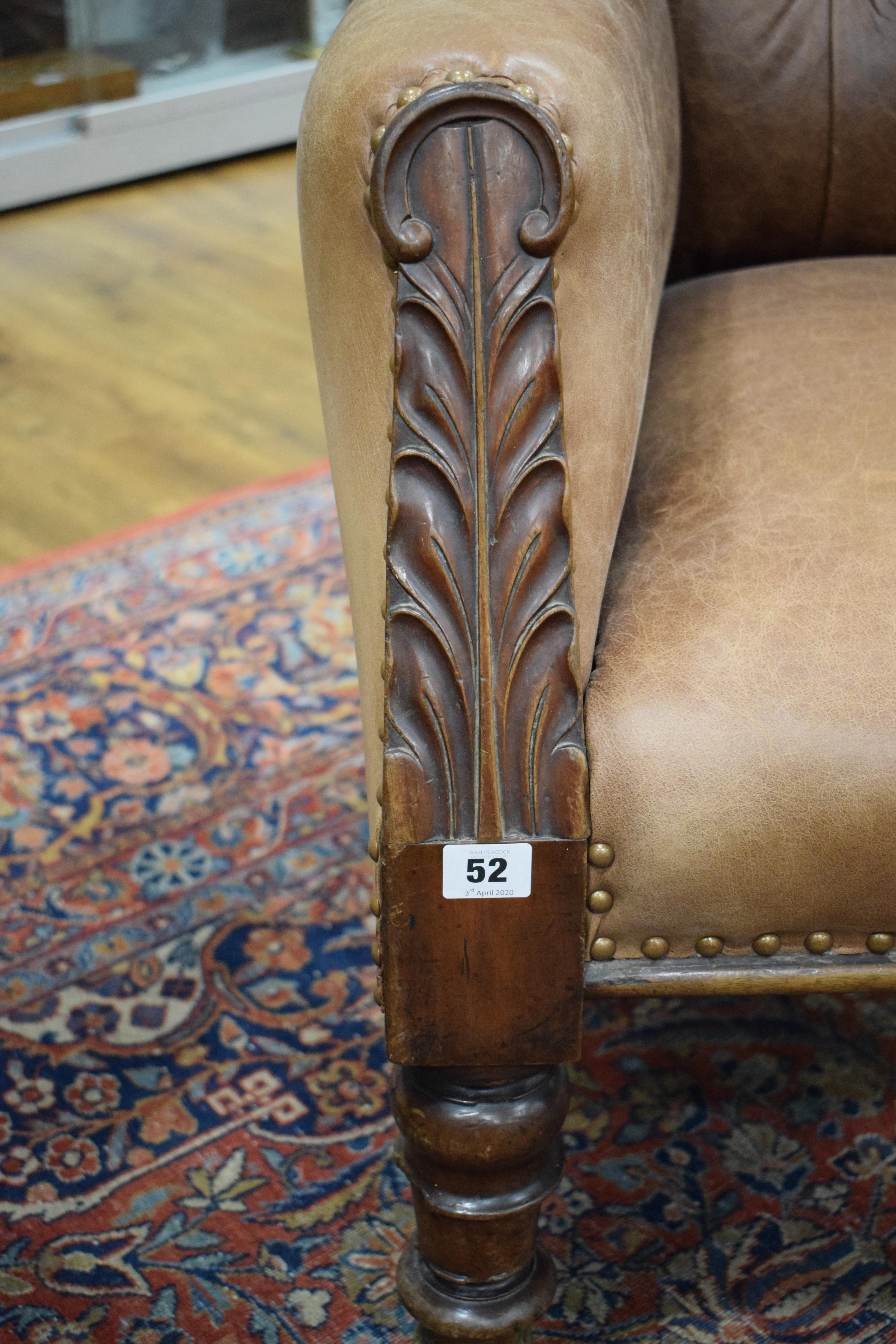 A 19th century walnut framed buttoned pale brown leather library chair with acanthus leaf - Image 8 of 20