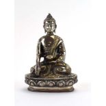 A cast metal figure modelled as the Buddha in meditation on a lotus base, h.