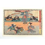 A 19th century Japanese woodblock print depicting a chushingura of warriors in training, 23.5 x 35.