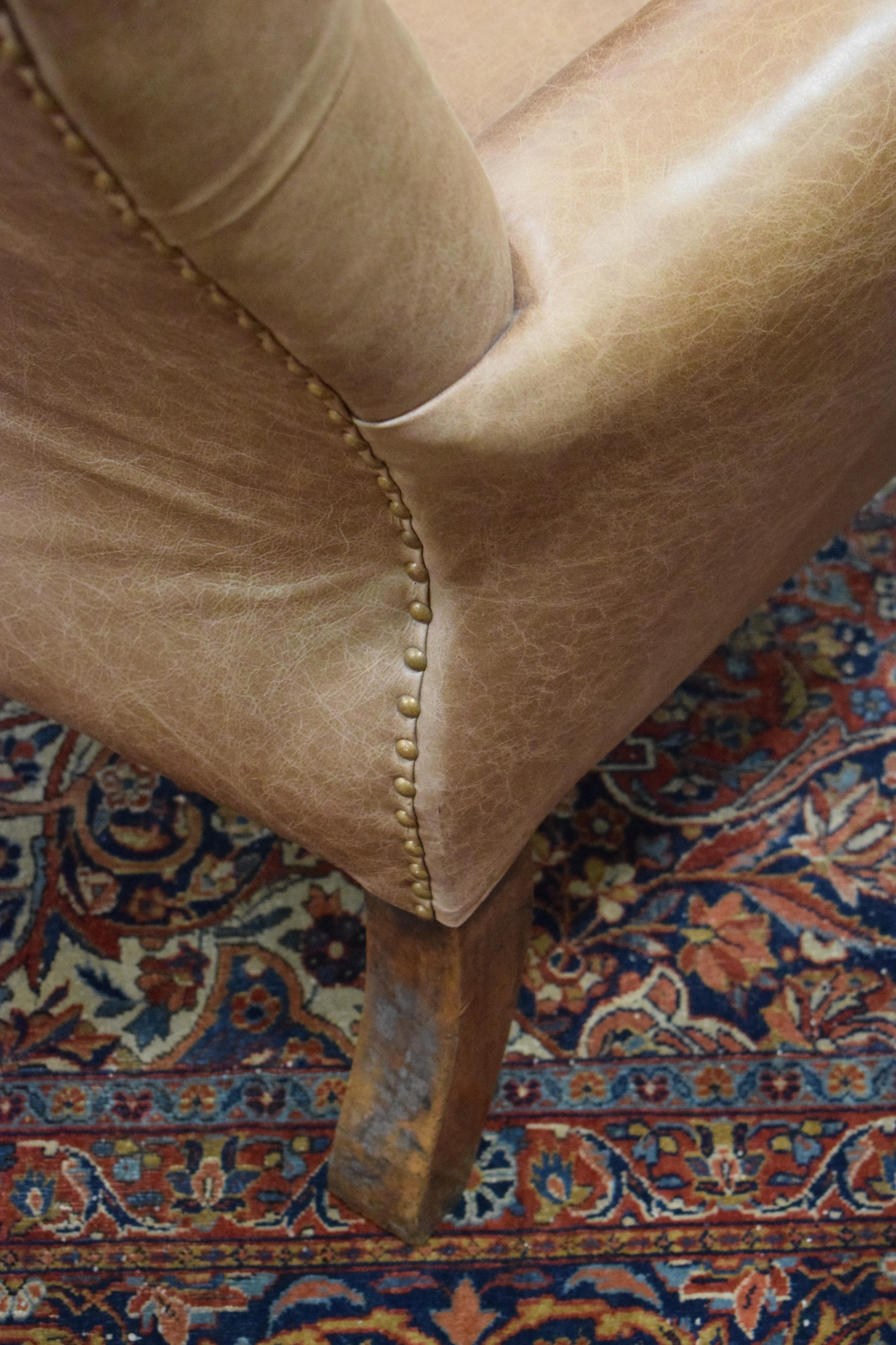 A 19th century walnut framed buttoned pale brown leather library chair with acanthus leaf - Image 12 of 20