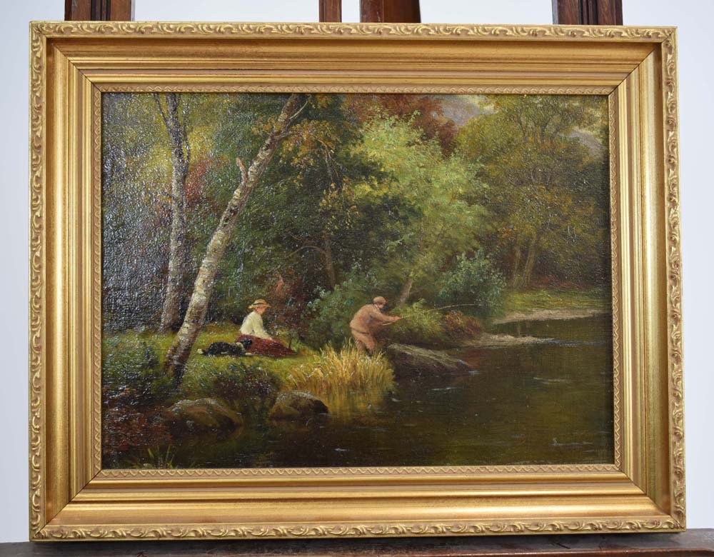 English School, 20th century, Fishing on an autumnal day, unsigned, oil on artist's board, 27 x 36.