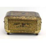 A Chinese Export gilt decorated lacquered sewing box of canted form with carved bone fitments and