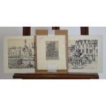 An etching of a harbour, indistinctly signed, 12 x 8.5 cm, together with two prints after J..