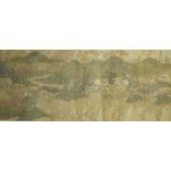 A silk scroll of imposing proportions hand painted with a village and having a calligraphy verse,