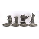 A group of 18th century and later pewter including a spirit kettle,