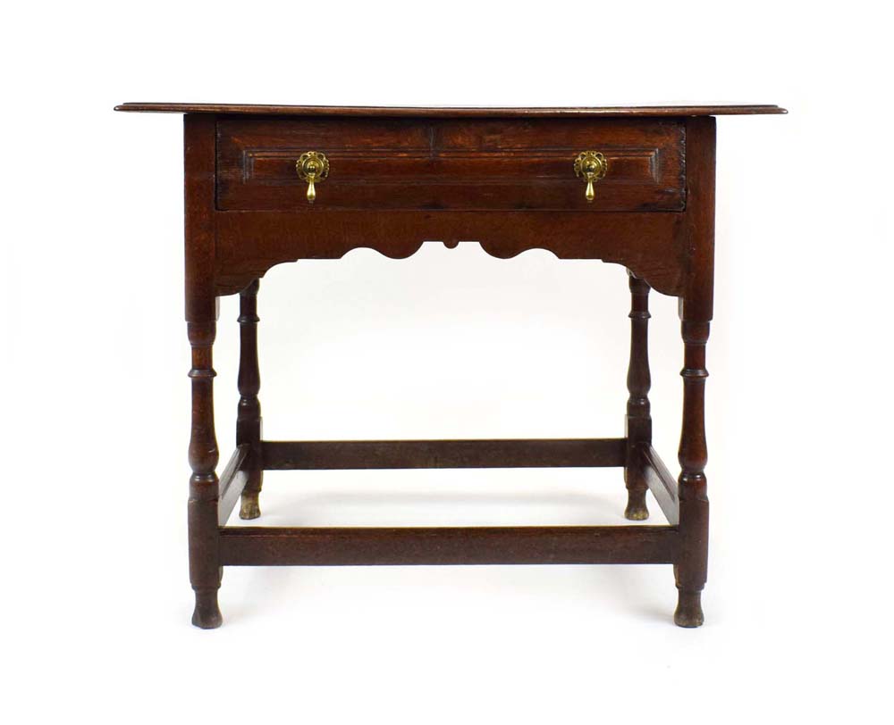 A 17th century oak side table having a single frieze drawer above rectangular stretchers, w. - Image 2 of 4