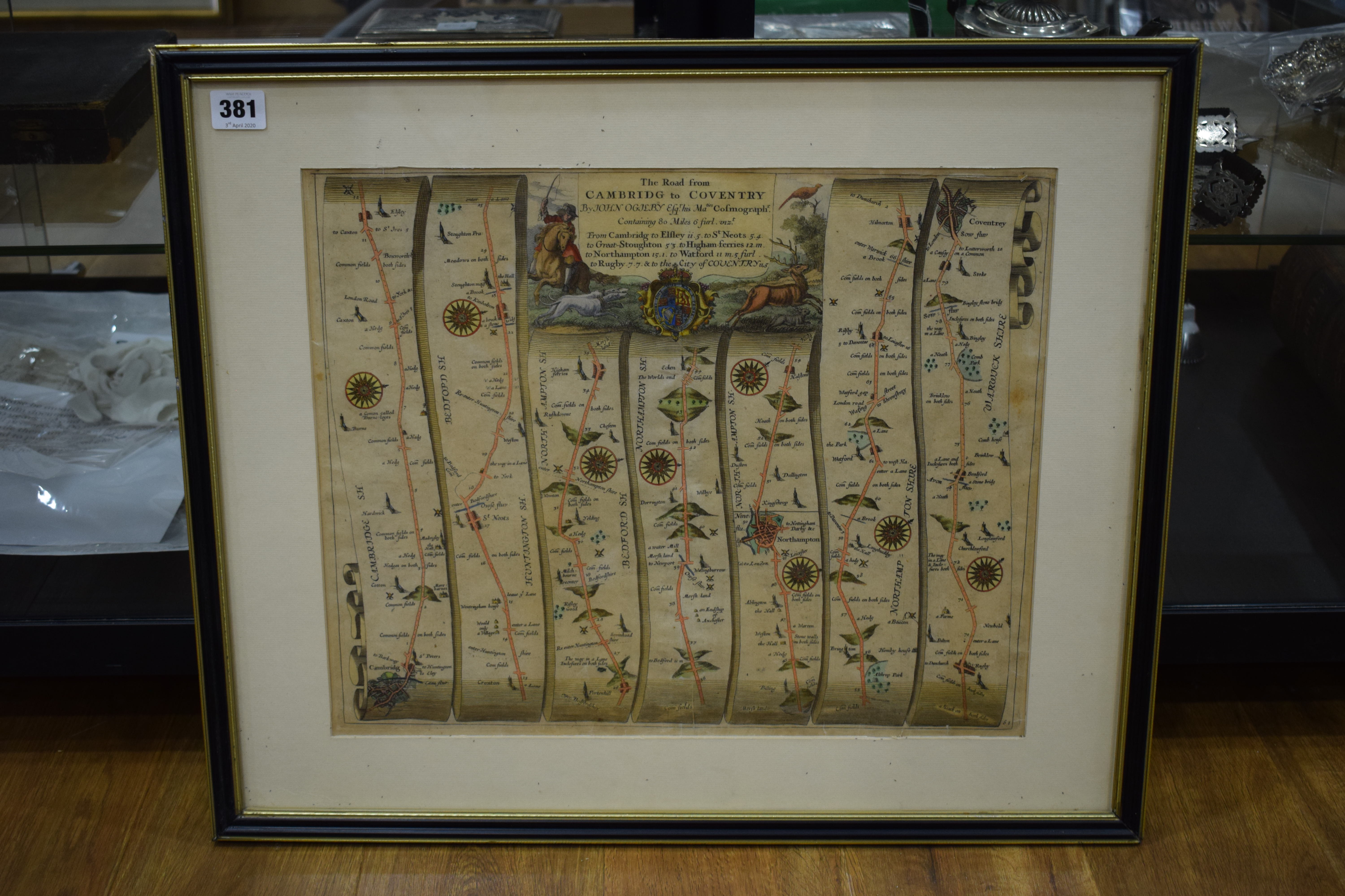 John Ogilby : Two-page hand coloured map, The Road From Cambridge to Coventry,