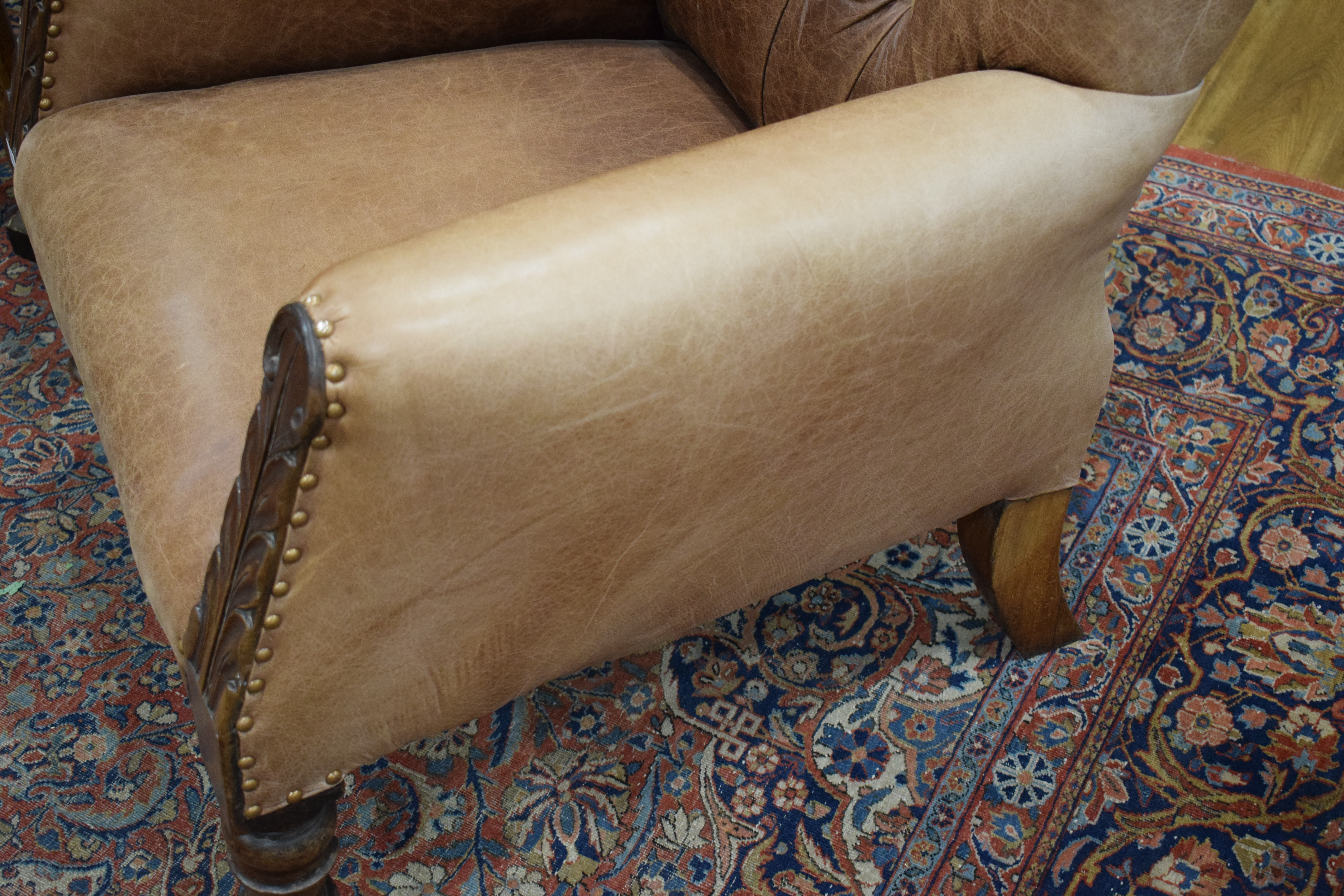 A 19th century walnut framed buttoned pale brown leather library chair with acanthus leaf - Image 5 of 20