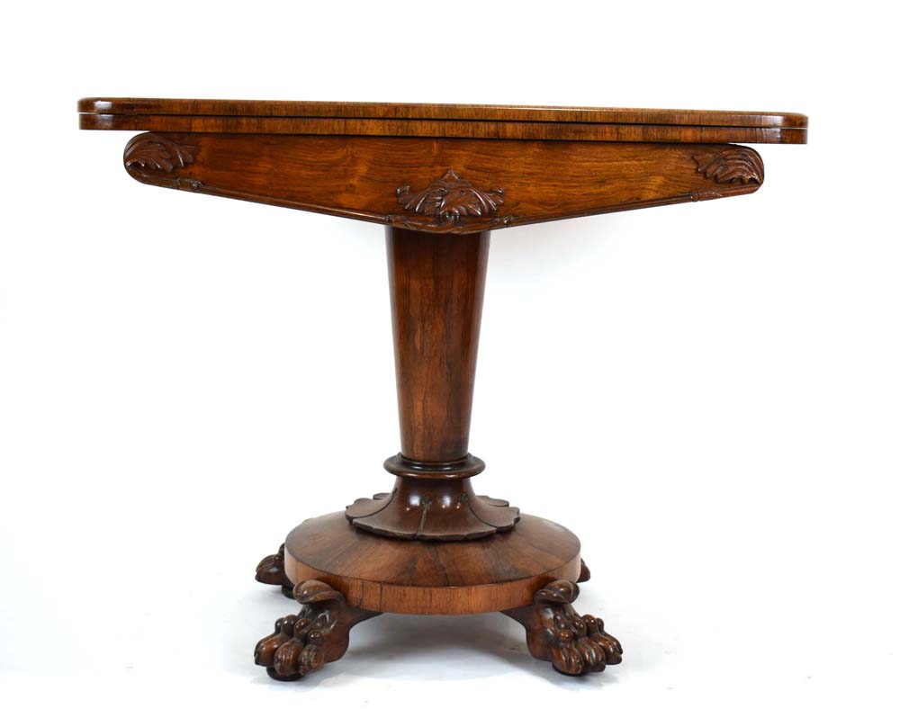 A Regency rosewood card table, the rectangular surface above a tapered stand on four claw feet, w. - Image 2 of 10