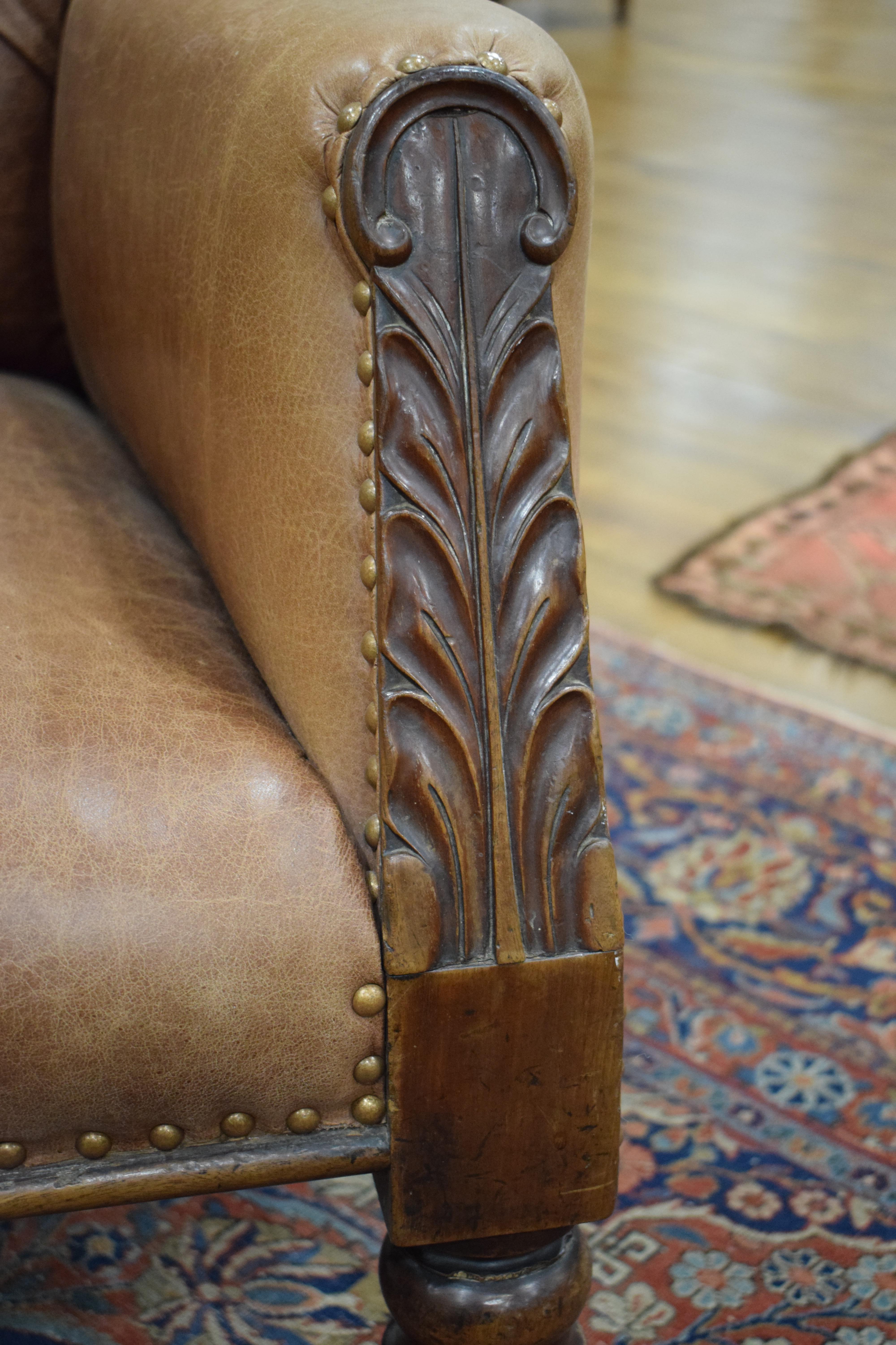 A 19th century walnut framed buttoned pale brown leather library chair with acanthus leaf - Image 7 of 20