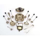 A mixed parcel of silver including a gilt decanter label, an ashtray, spoons etc,