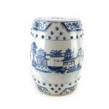 A late 19th/early 20th century Chinese blue and white barrel shaped garden seat,