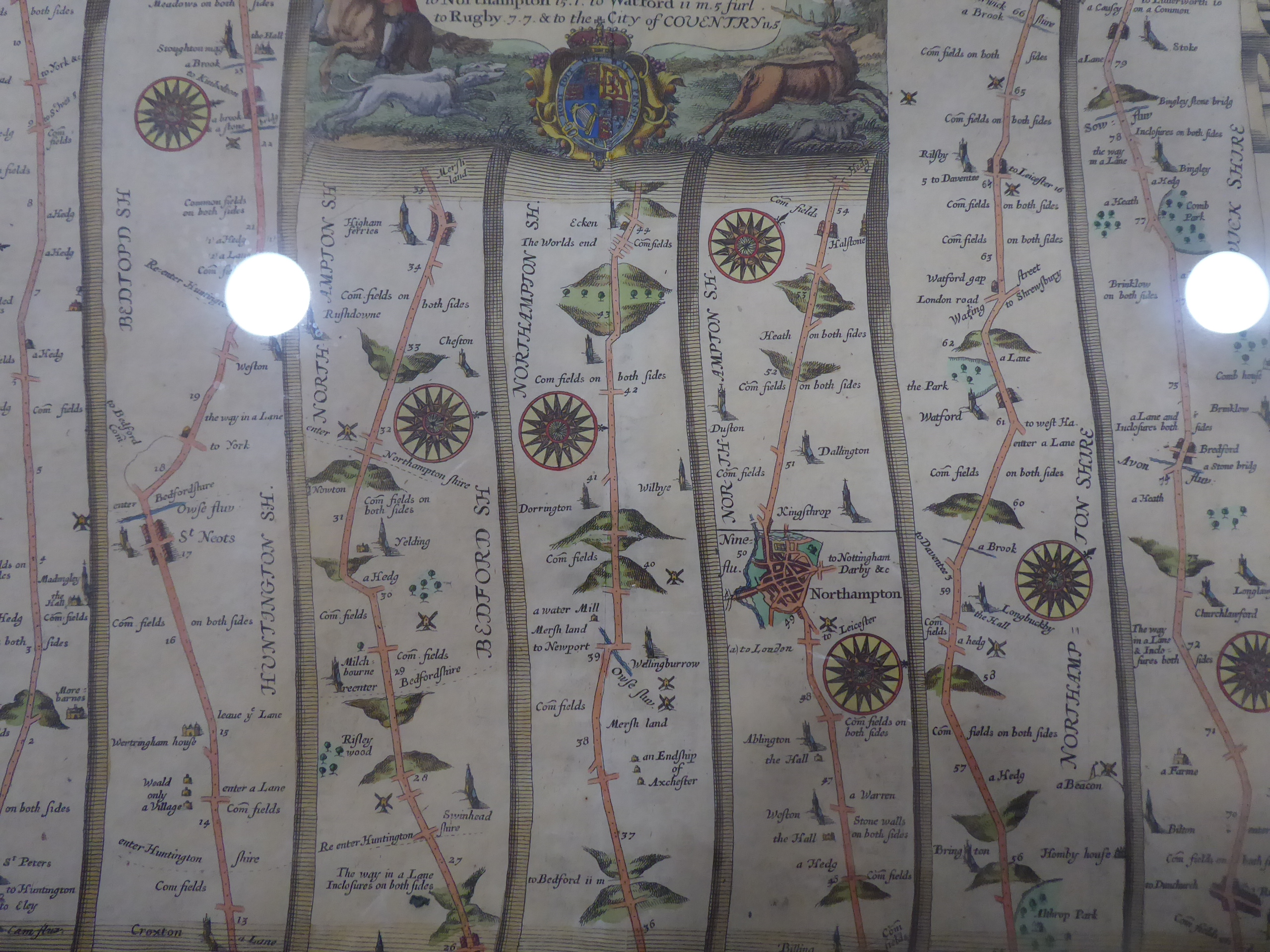 John Ogilby : Two-page hand coloured map, The Road From Cambridge to Coventry, - Image 3 of 4