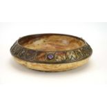 An early 20th century marble and brass mounted bowl with three Ruskin-style roundel's, d.