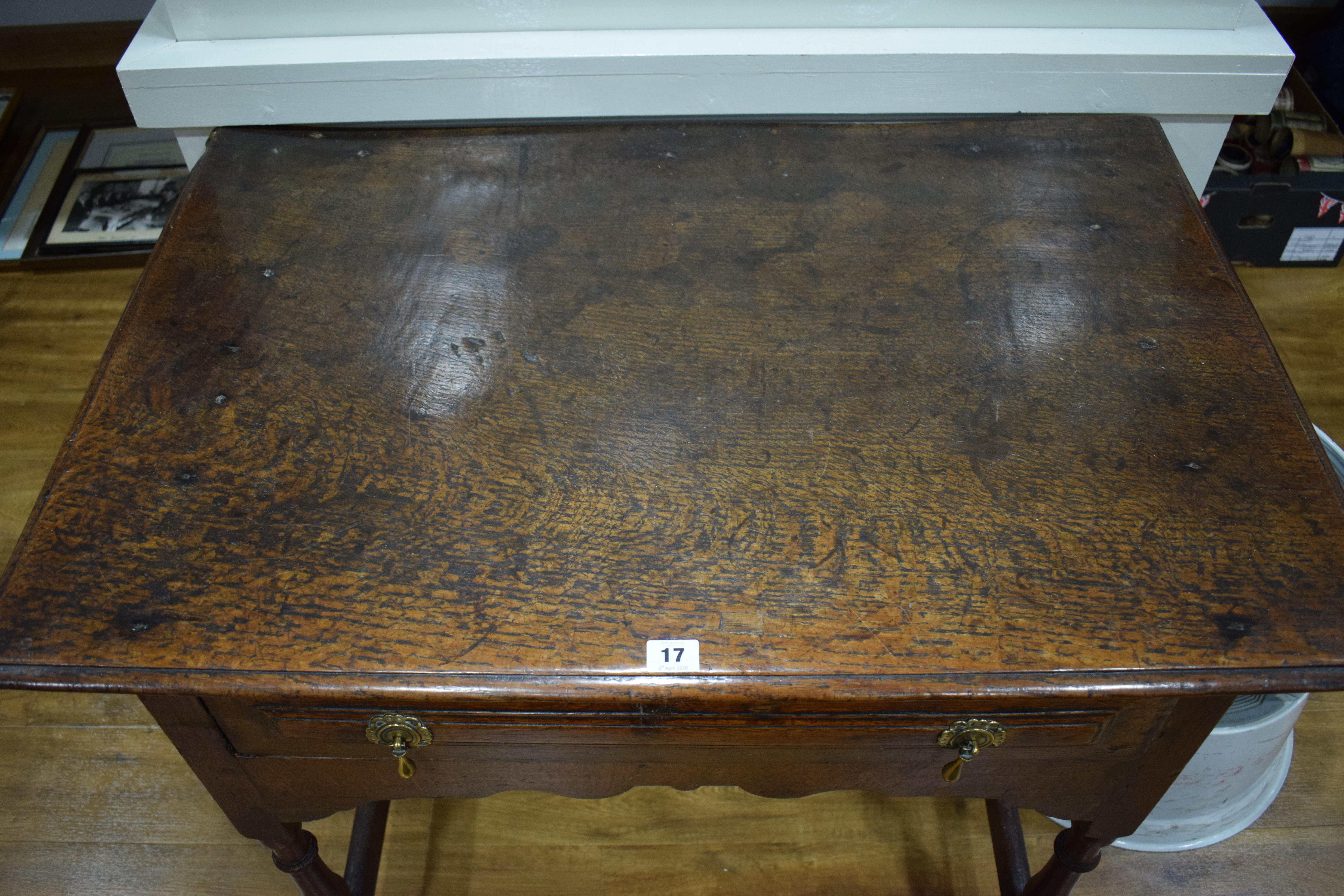 A 17th century oak side table having a single frieze drawer above rectangular stretchers, w. - Image 4 of 4