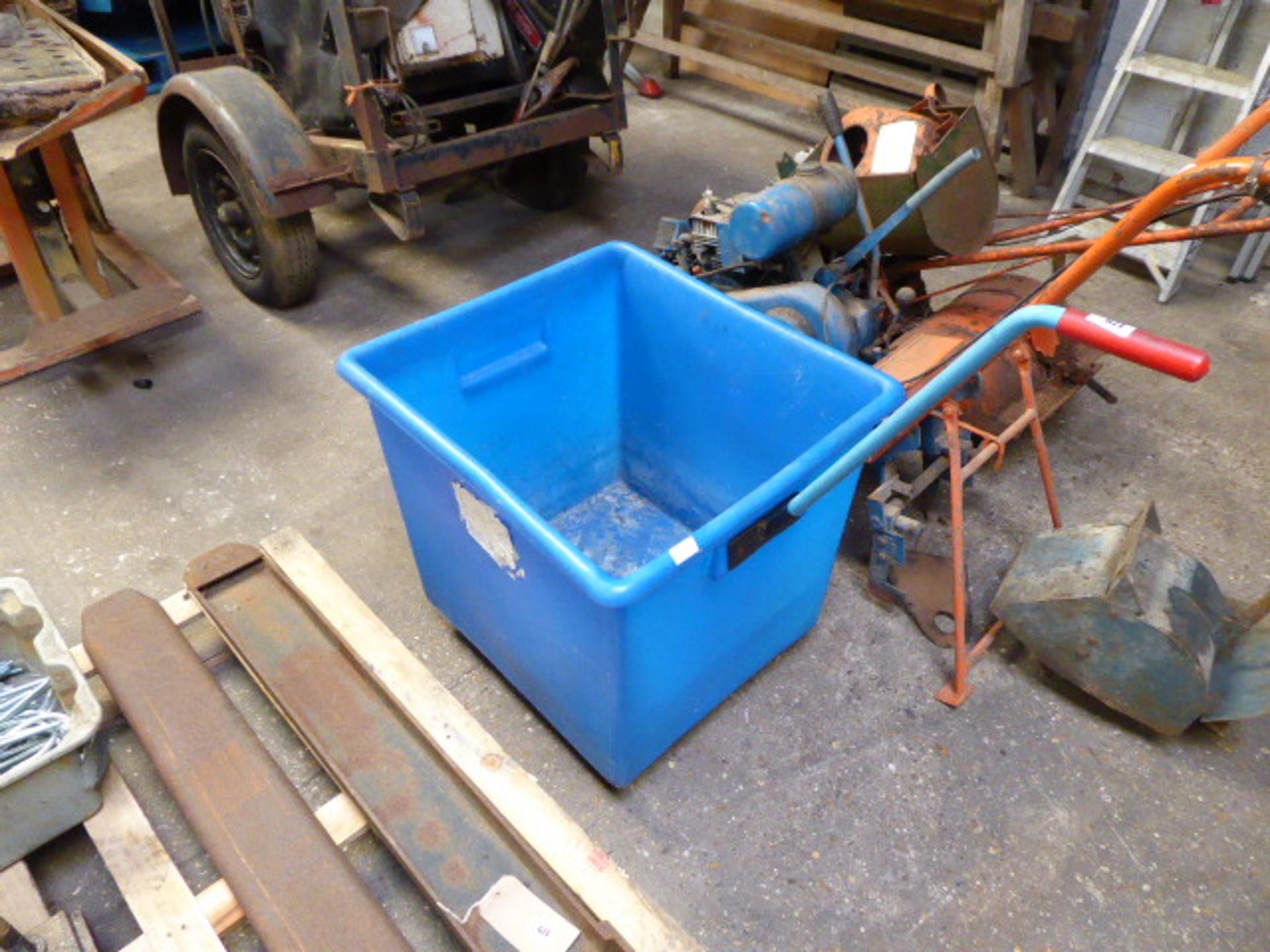 Large blue mobile plastic bin with handle