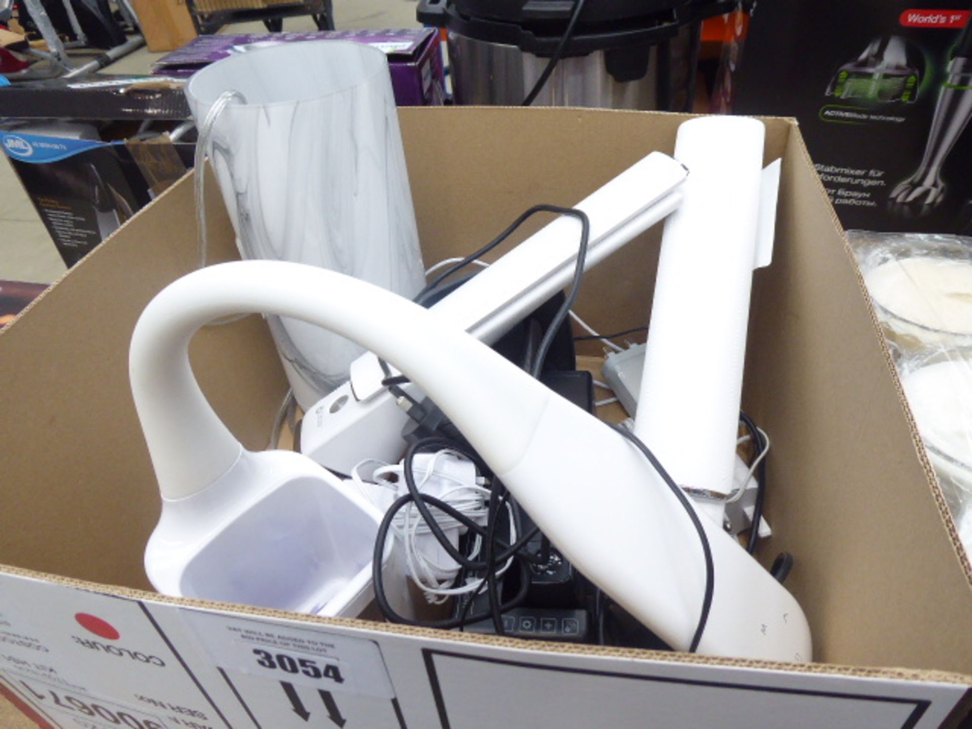 Box containing ottlite desk lamps and other lights etc