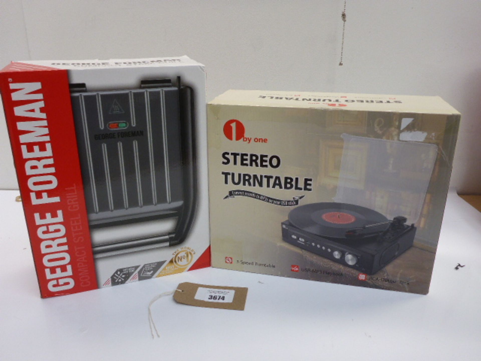 George Foreman compact steel grill and Stereo turntable