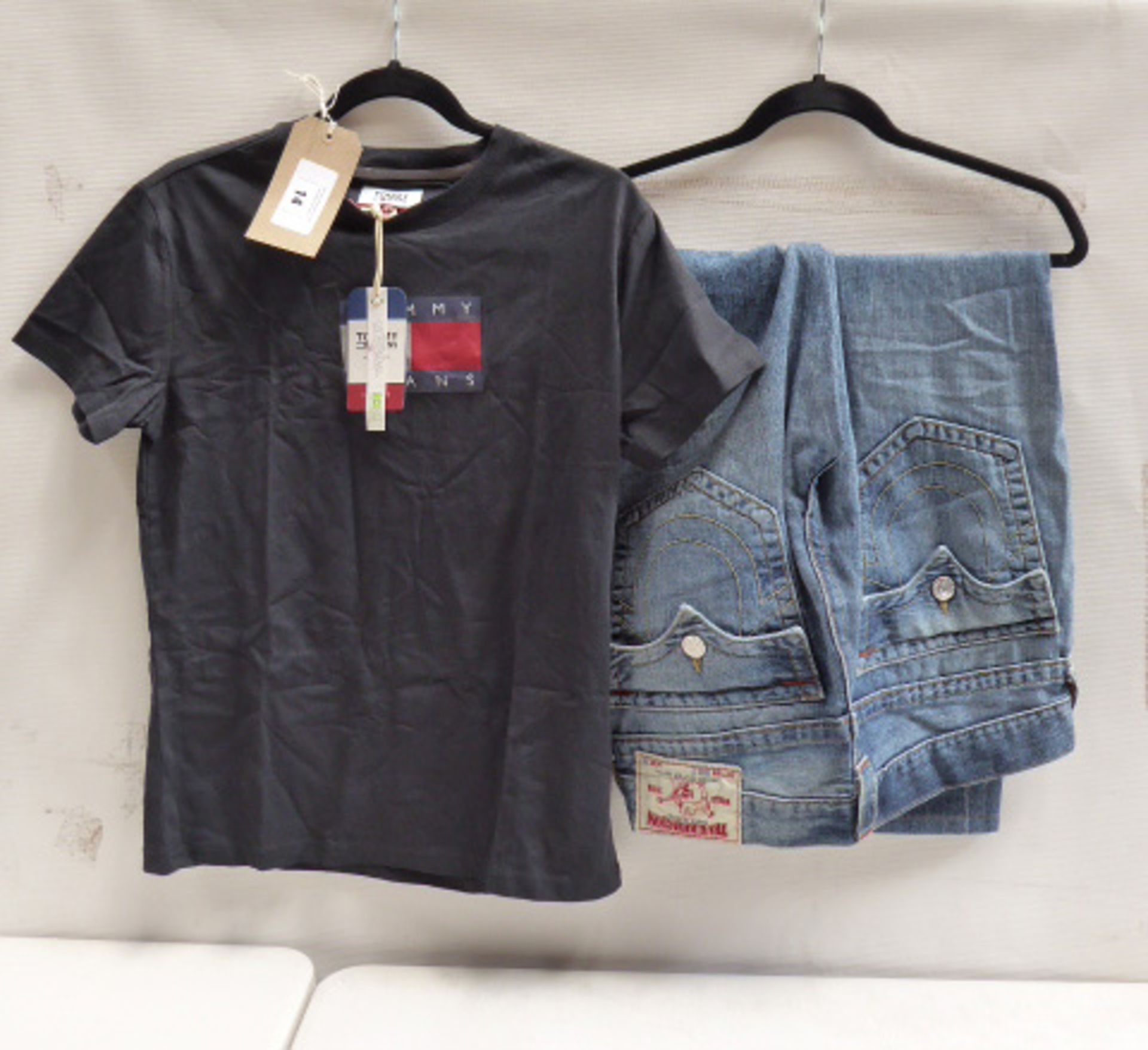 Tommy Hilfiger Jeans black logo t-shirt size xsmall and True Religion jeans size 32-34 (used)