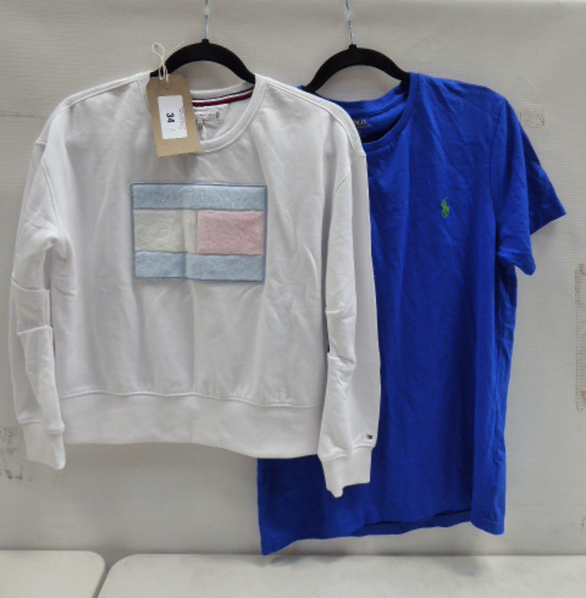 Tommy Hilfiger white sweatshirt size 164 and Polo Ralph Lauren blue t-shirt size medium (used)